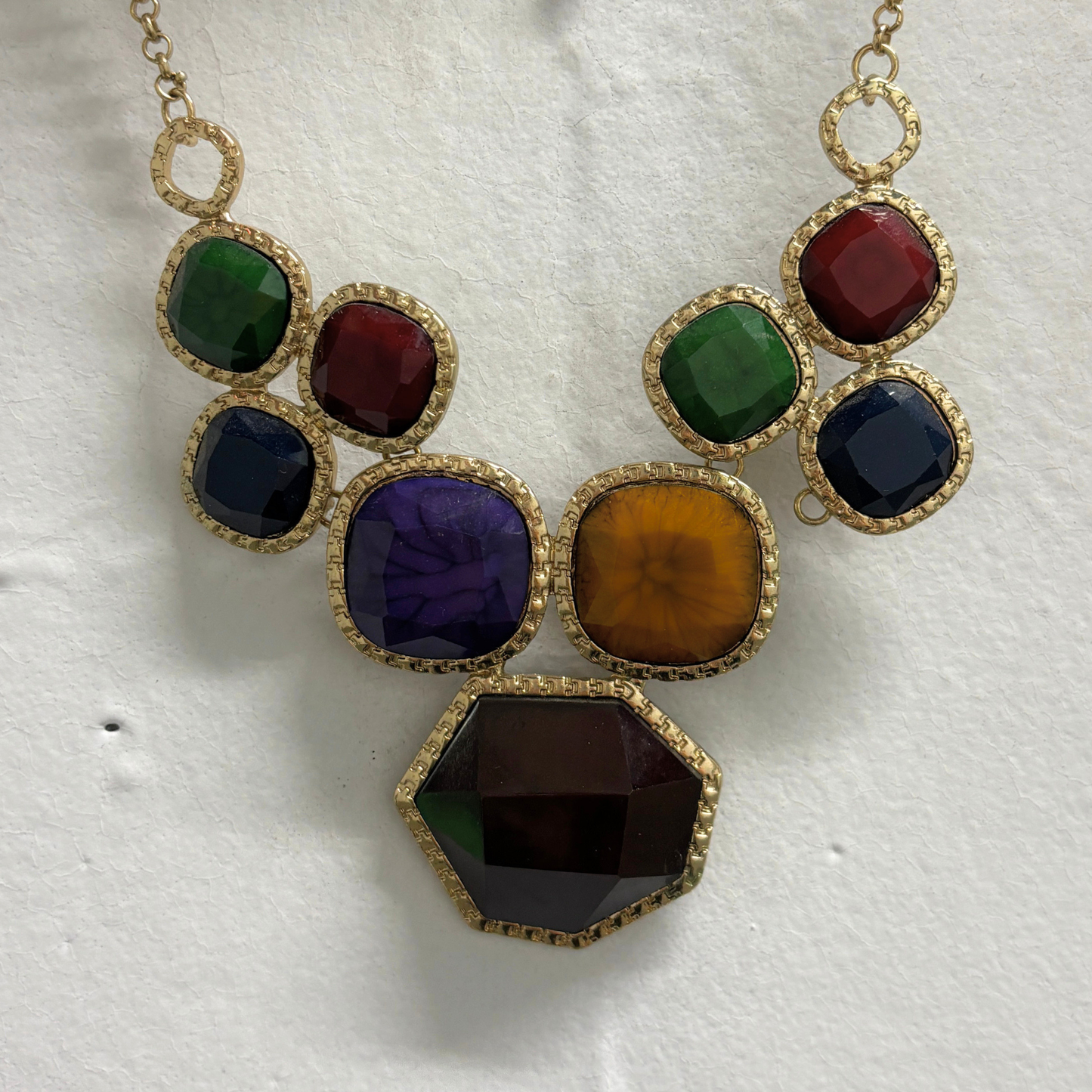 Regal Gems Statement Necklace | Jewel Tone Gems in Goldtone | Dark Red, Navy, Emerald, Goldenrod-Paper & Quartz-The Bullish Store