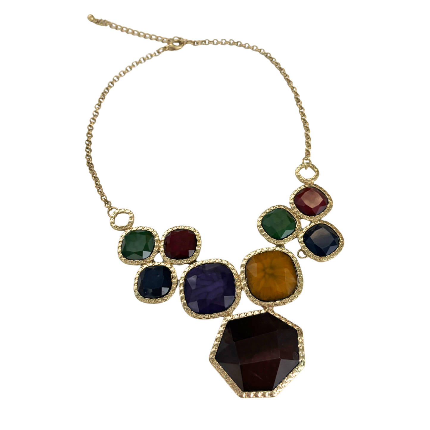 Regal Gems Statement Necklace | Jewel Tone Gems in Goldtone | Dark Red, Navy, Emerald, Goldenrod-Paper & Quartz-The Bullish Store