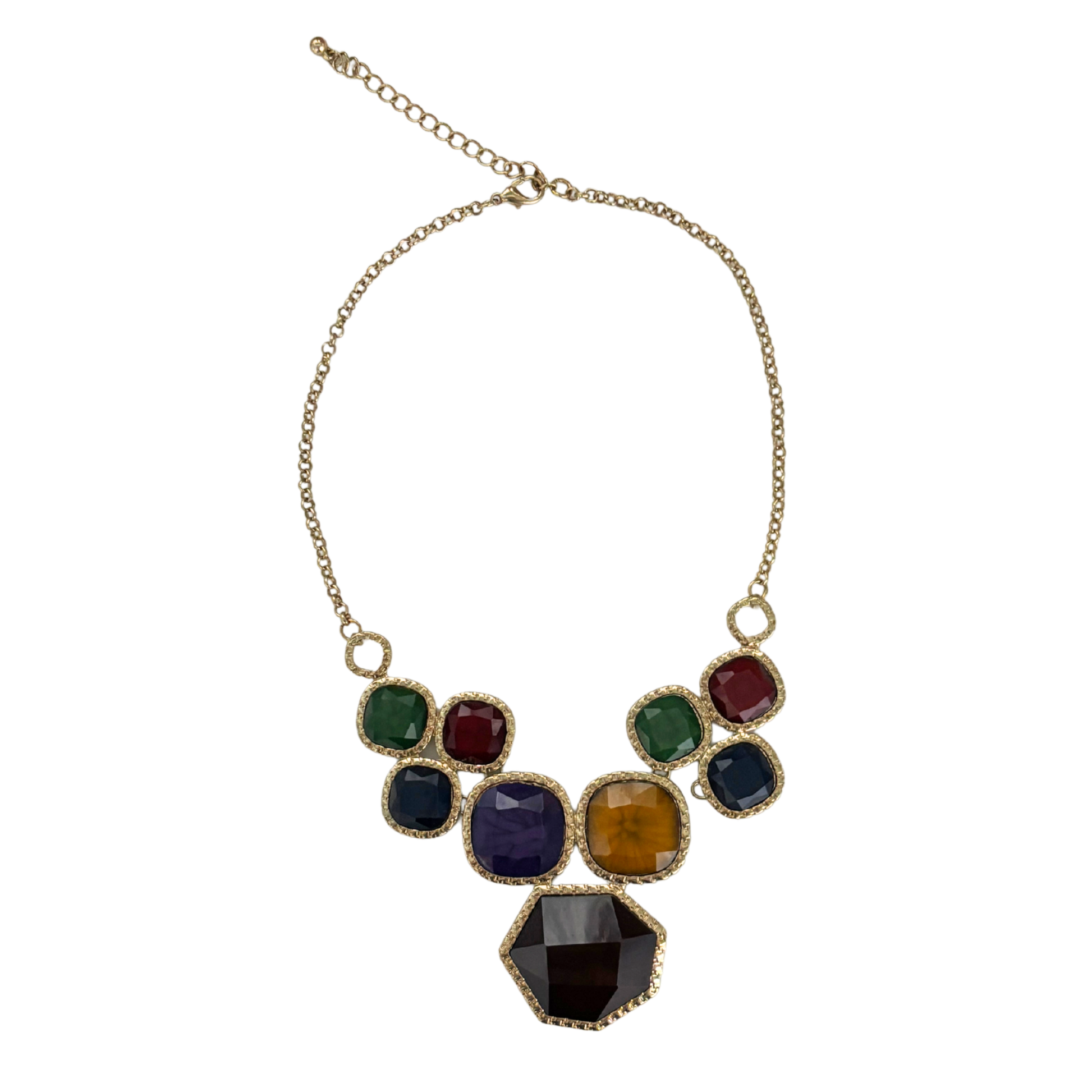 Regal Gems Statement Necklace | Jewel Tone Gems in Goldtone | Dark Red, Navy, Emerald, Goldenrod-Paper & Quartz-The Bullish Store