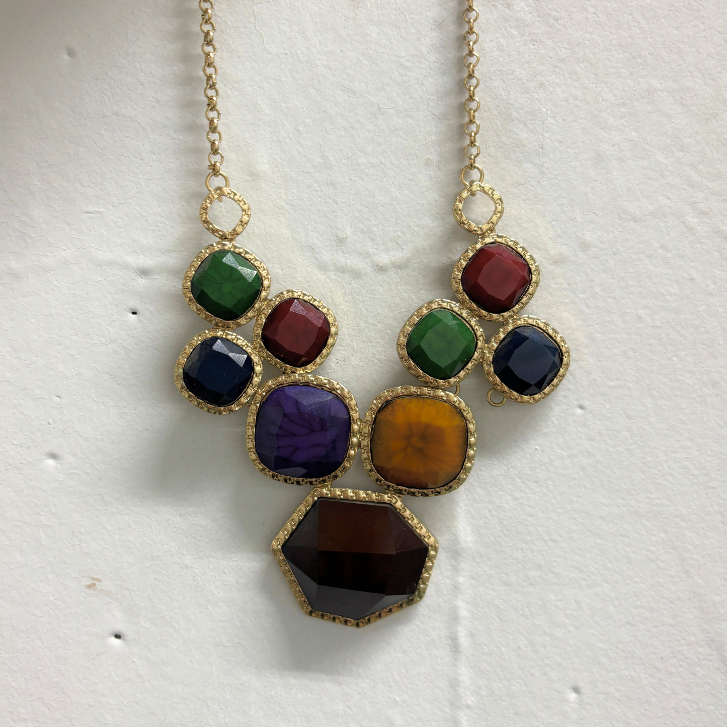 Regal Gems Statement Necklace | Jewel Tone Gems in Goldtone | Dark Red, Navy, Emerald, Goldenrod-Paper & Quartz-The Bullish Store