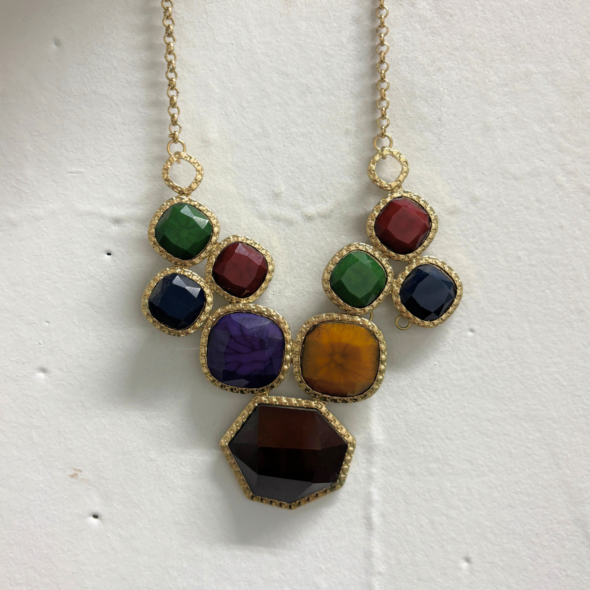 Regal Gems Statement Necklace | Jewel Tone Gems in Goldtone | Dark Red, Navy, Emerald, Goldenrod-Paper & Quartz-The Bullish Store