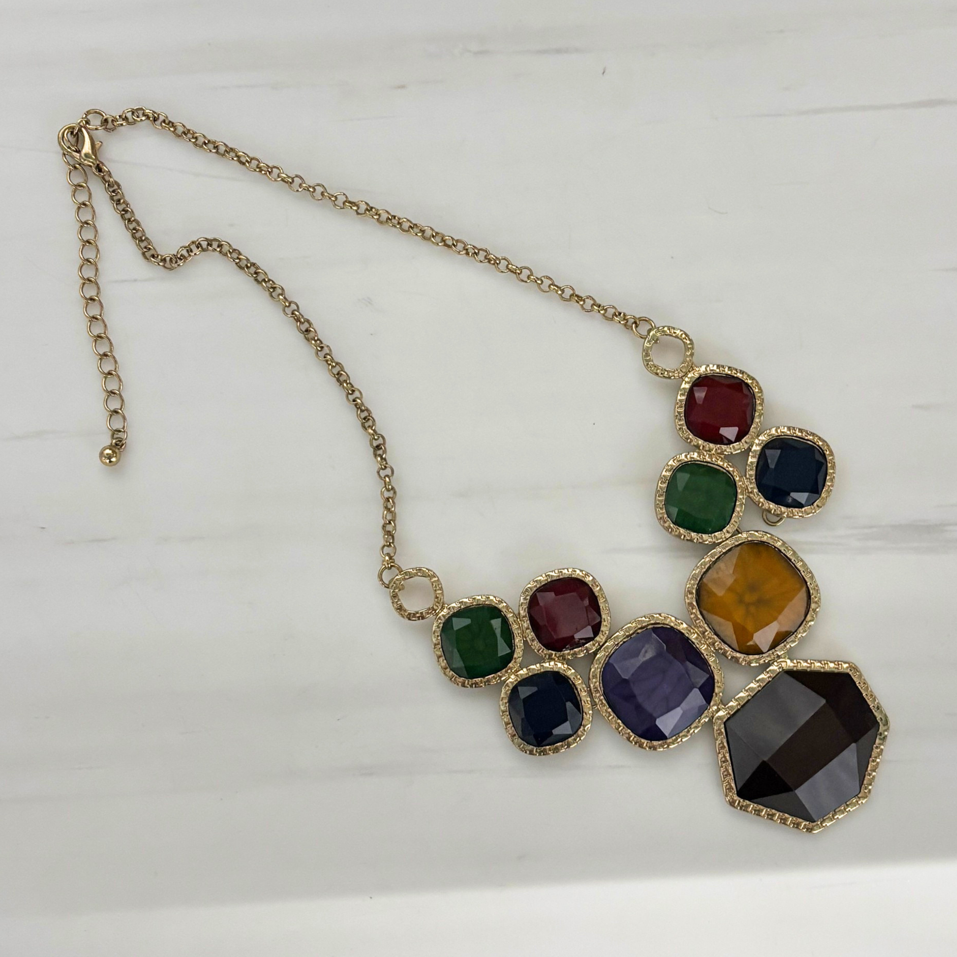 Regal Gems Statement Necklace | Jewel Tone Gems in Goldtone | Dark Red, Navy, Emerald, Goldenrod-Paper & Quartz-The Bullish Store