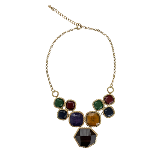 Regal Gems Statement Necklace | Jewel Tone Gems in Goldtone | Dark Red, Navy, Emerald, Goldenrod-Paper & Quartz-The Bullish Store