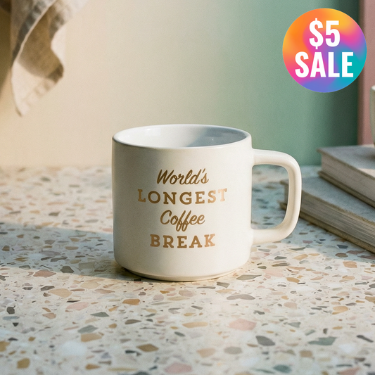 Retirement Gift "World's Longest Coffee Break" Stackable White Mug | Stoneware Tea Coffee| Retired | 14oz.
