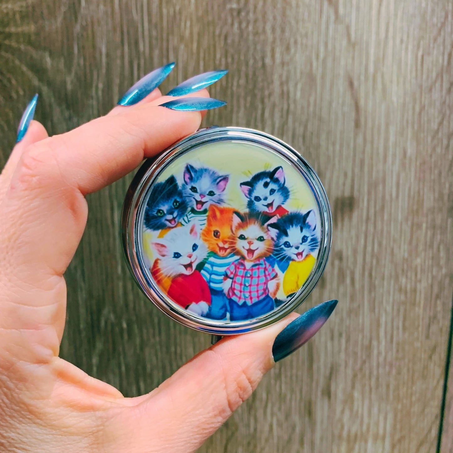 Retro Cat Pill Box | Handmade 2.25" Round Pill Case | Kawaii 1950's Kitsch Kittens