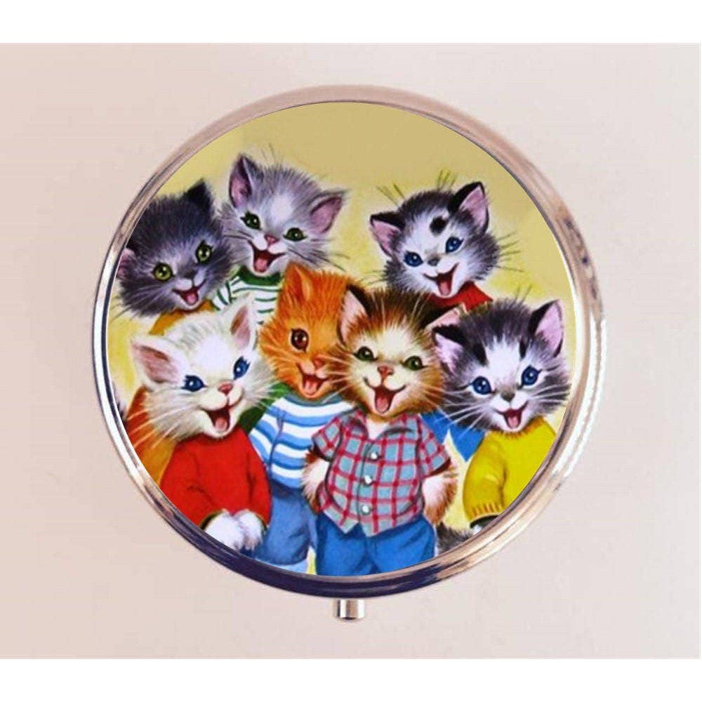 Retro Cat Pill Box | Handmade 2.25" Round Pill Case | Kawaii 1950's Kitsch Kittens