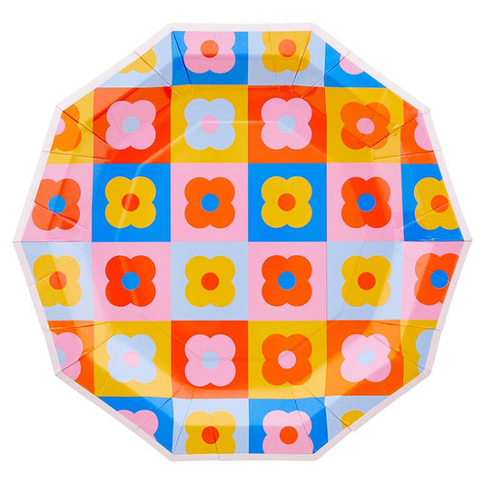 Retro Flowers Paper Plates | Groovy Floral Party Plates |  9"