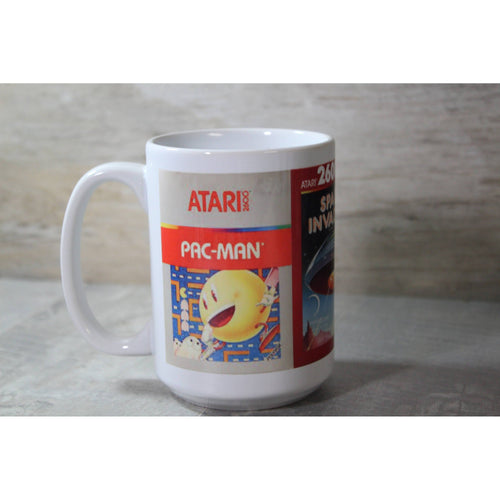 Retro Gaming Pacman, Space Invaders Hand Printed Ceramic Mug | Coffee Tea Cup | 15oz