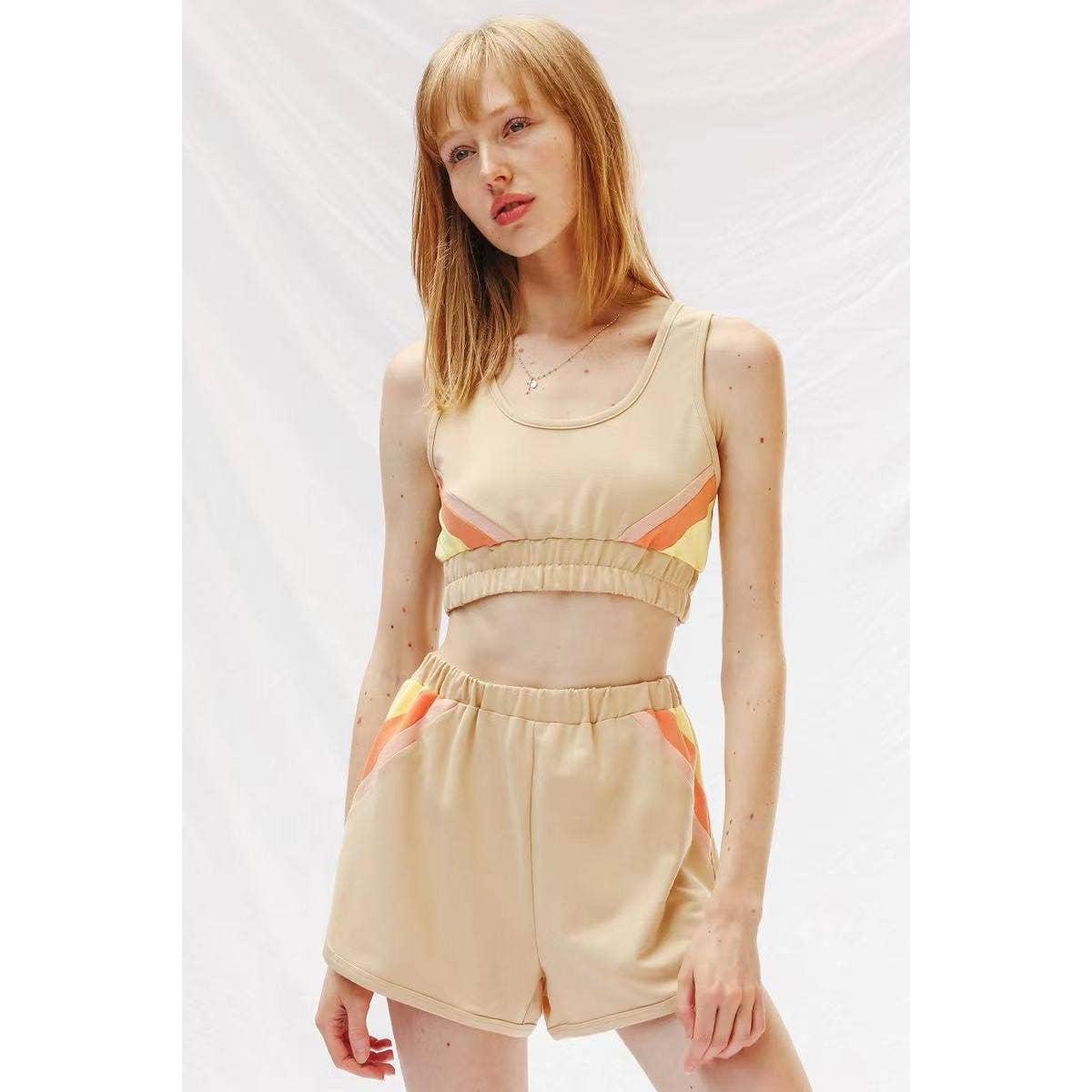 Retro Lounge Set in Camel | Women’s Color Block Tank & Shorts [SM–XL]