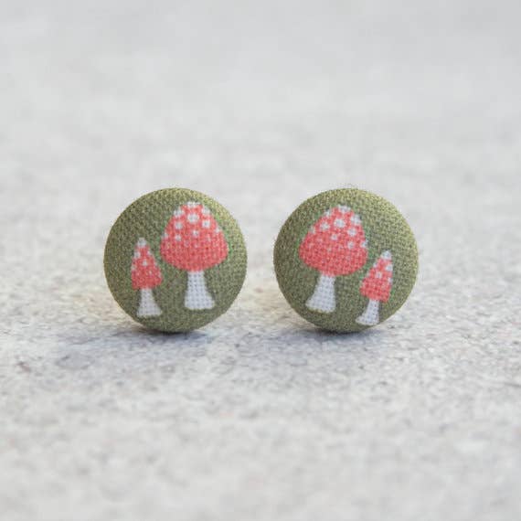 Retro Mushrooms Fabric Button Earrings | Handmade in the US