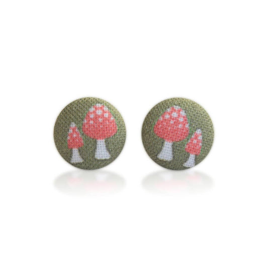 Retro Mushrooms Fabric Button Earrings | Handmade in the US