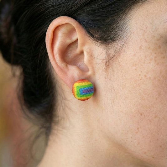 Retro Rainbow Fabric Button Earrings | Handmade in the US