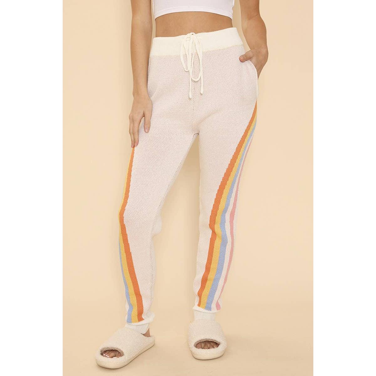 Retro Stripe Joggers | Off-White Knit Joggers with Intarsia Stripes & Drawstring Waist [SM-XL]