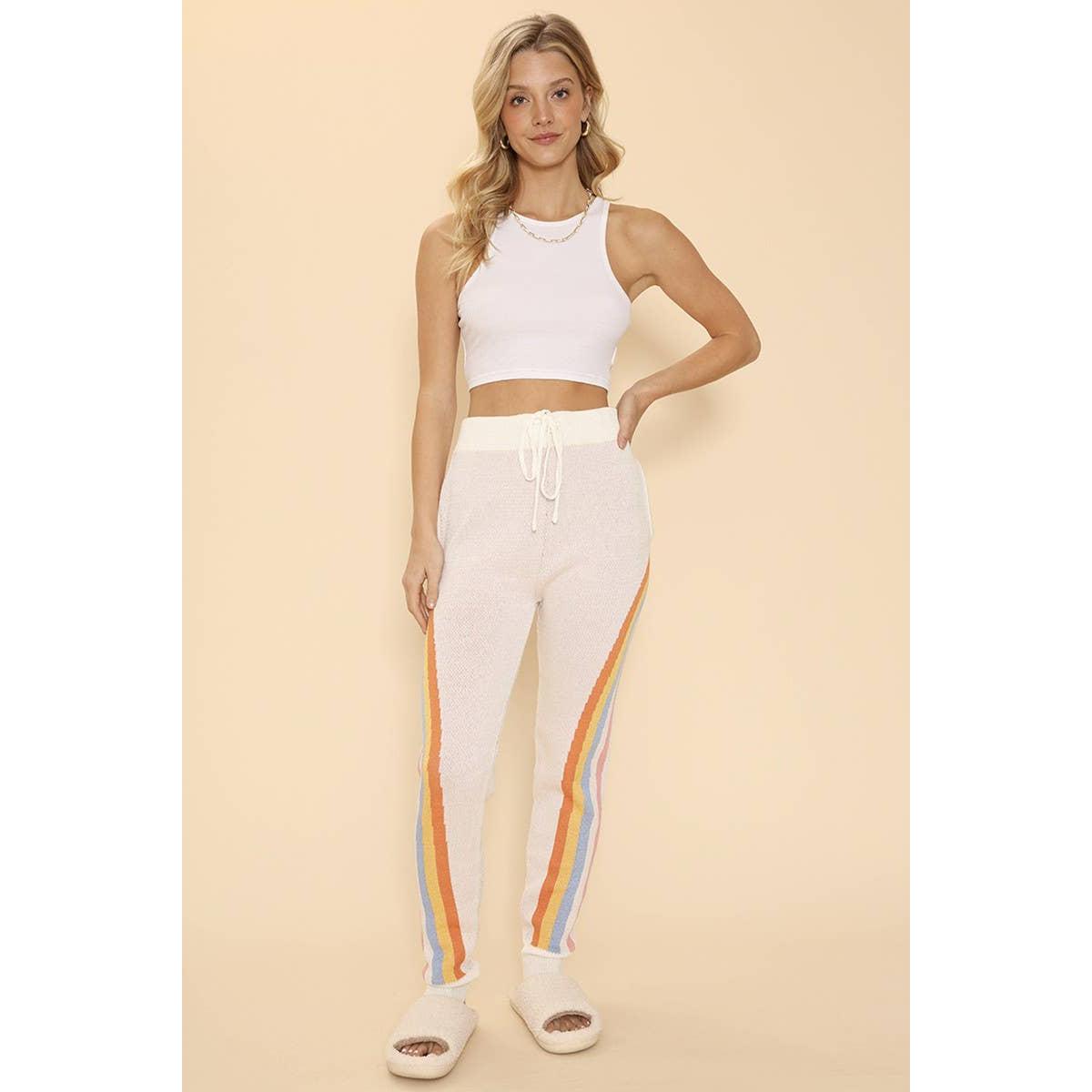 Retro Stripe Joggers | Off-White Knit Joggers with Intarsia Stripes & Drawstring Waist [SM-XL]