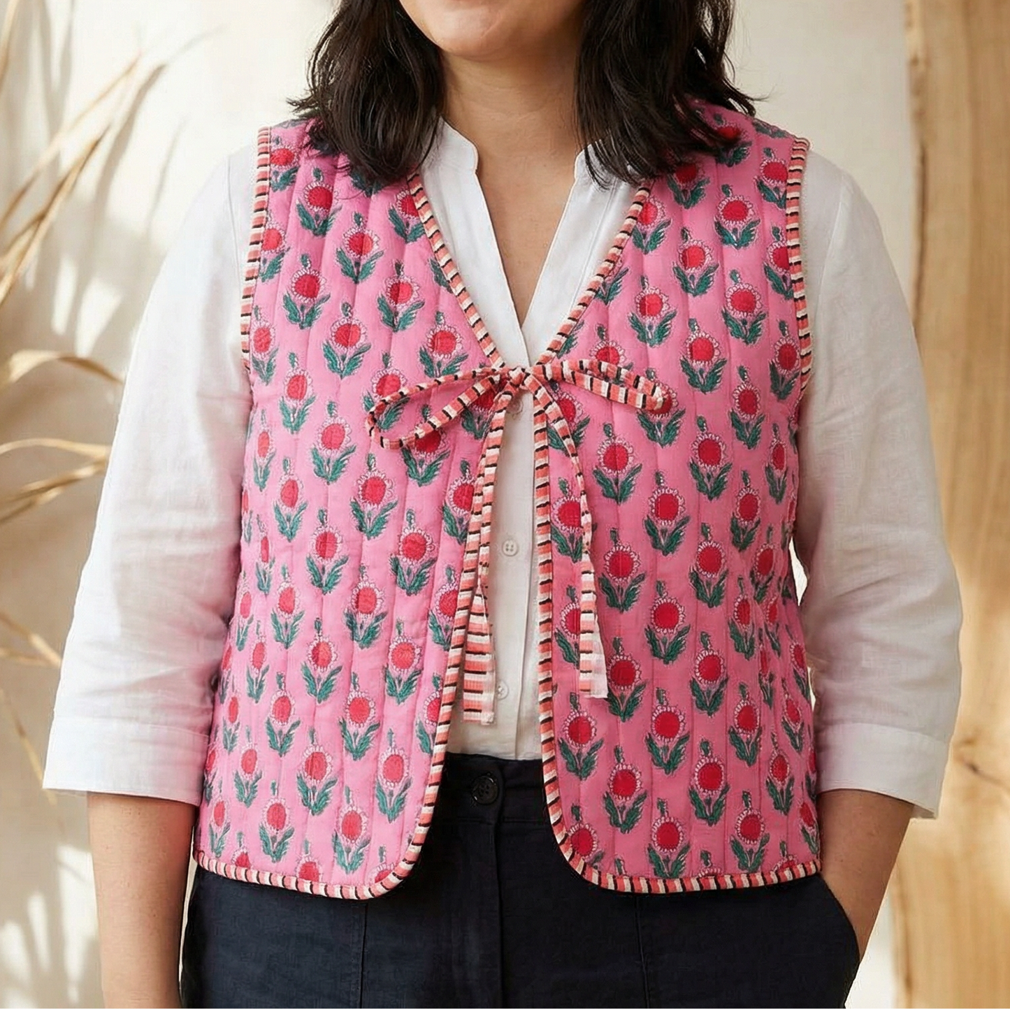 Reversible Floral & Striped Cropped Puffer Vest | Y2K Pink Boho Quilted Tie Front Cotton Vest