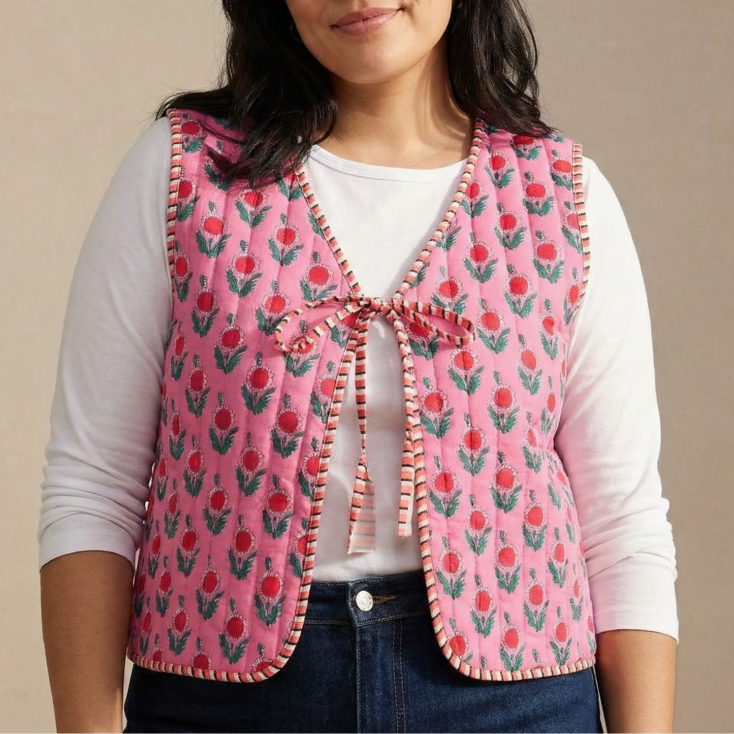 Reversible Floral & Striped Cropped Puffer Vest | Y2K Pink Boho Quilted Tie Front Cotton Vest