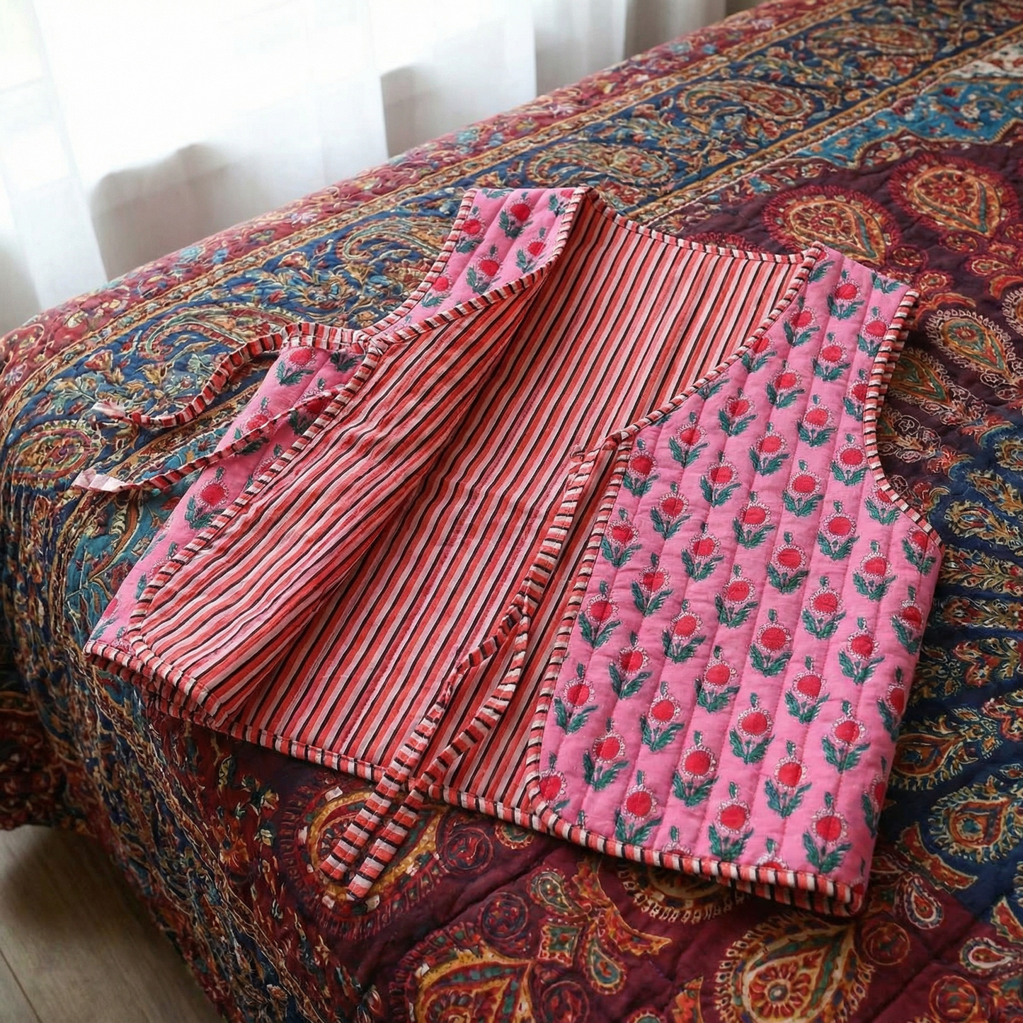 Reversible Floral & Striped Cropped Puffer Vest | Y2K Pink Boho Quilted Tie Front Cotton Vest