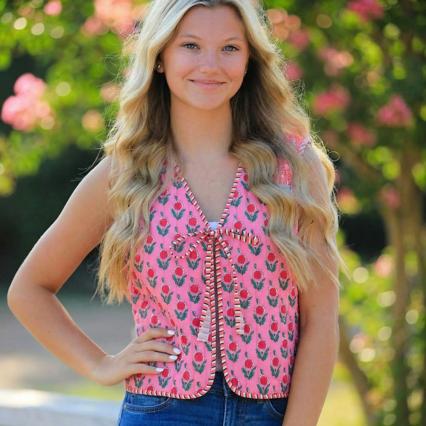 Reversible Floral & Striped Cropped Puffer Vest | Y2K Pink Boho Quilted Tie Front Cotton Vest