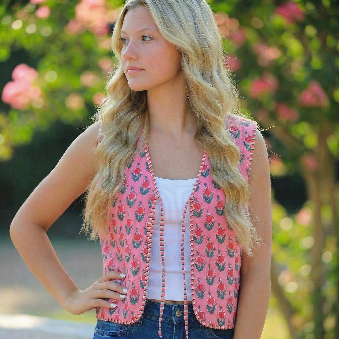 Reversible Floral & Striped Cropped Puffer Vest | Y2K Pink Boho Quilted Tie Front Cotton Vest