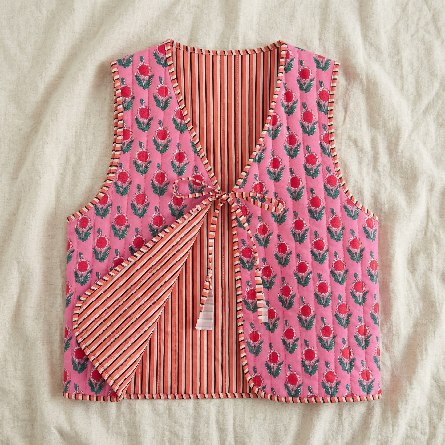 Reversible Floral & Striped Cropped Puffer Vest | Y2K Pink Boho Quilted Tie Front Cotton Vest