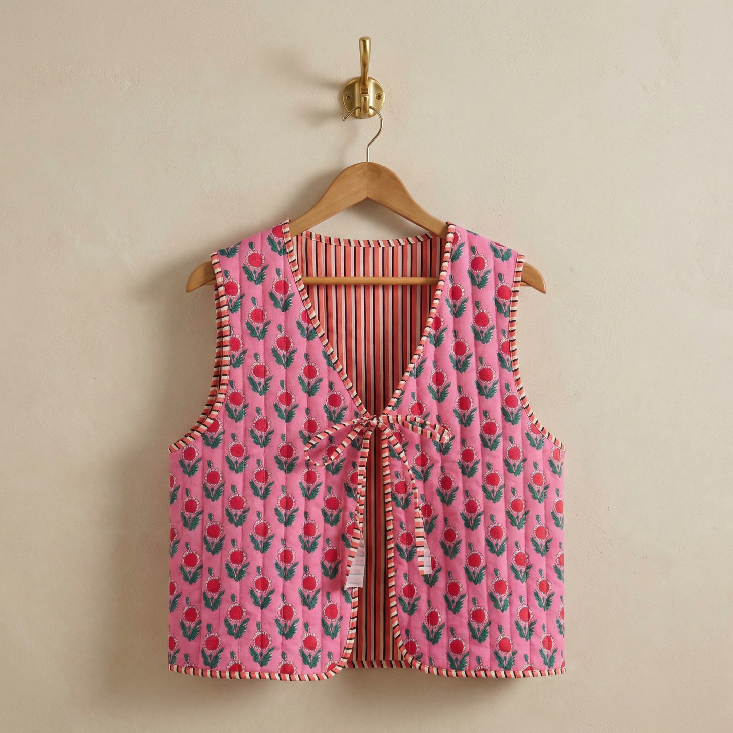 Reversible Floral & Striped Cropped Puffer Vest | Y2K Pink Boho Quilted Tie Front Cotton Vest