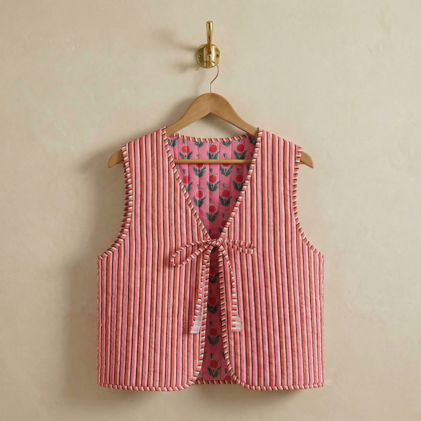 Reversible Floral & Striped Cropped Puffer Vest | Y2K Pink Boho Quilted Tie Front Cotton Vest