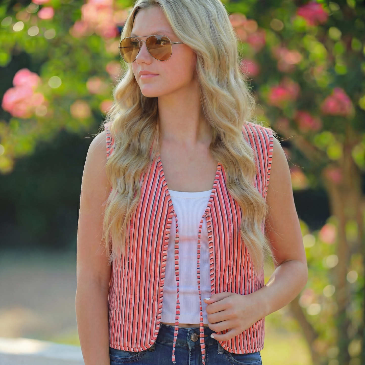 Reversible Floral & Striped Cropped Puffer Vest | Y2K Pink Boho Quilted Tie Front Cotton Vest