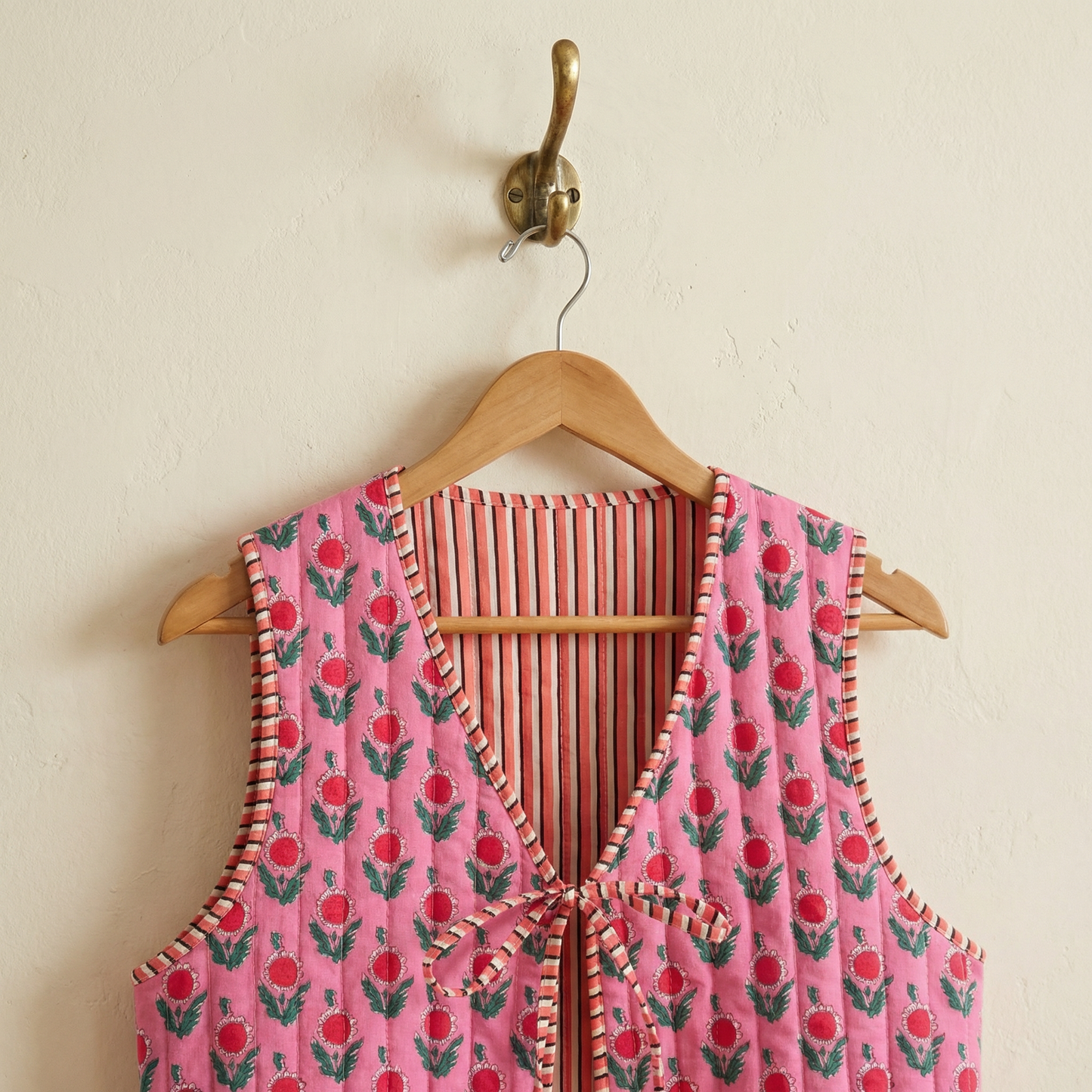 Reversible Floral & Striped Cropped Puffer Vest | Y2K Pink Boho Quilted Tie Front Cotton Vest