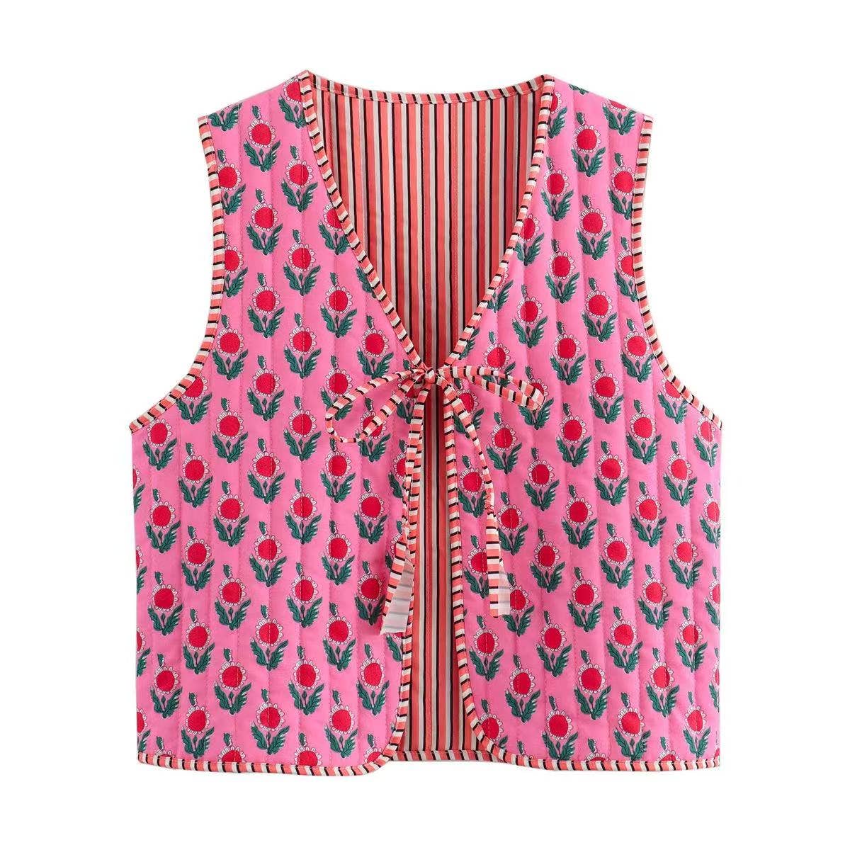 Reversible Floral & Striped Cropped Puffer Vest | Y2K Pink Boho Quilted Tie Front Cotton Vest