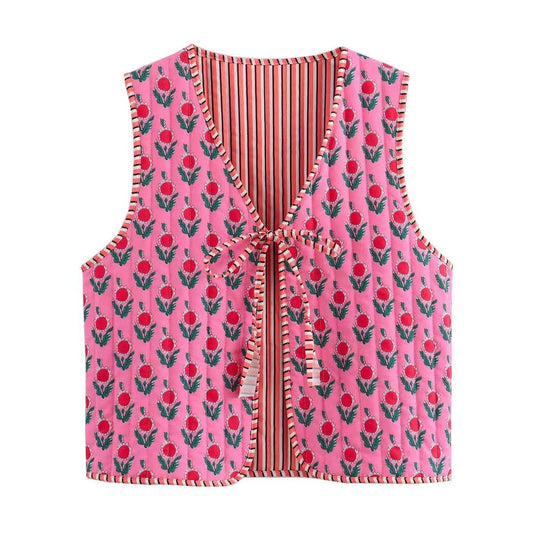 Reversible Floral & Striped Cropped Puffer Vest | Y2K Pink Boho Quilted Tie Front Cotton Vest