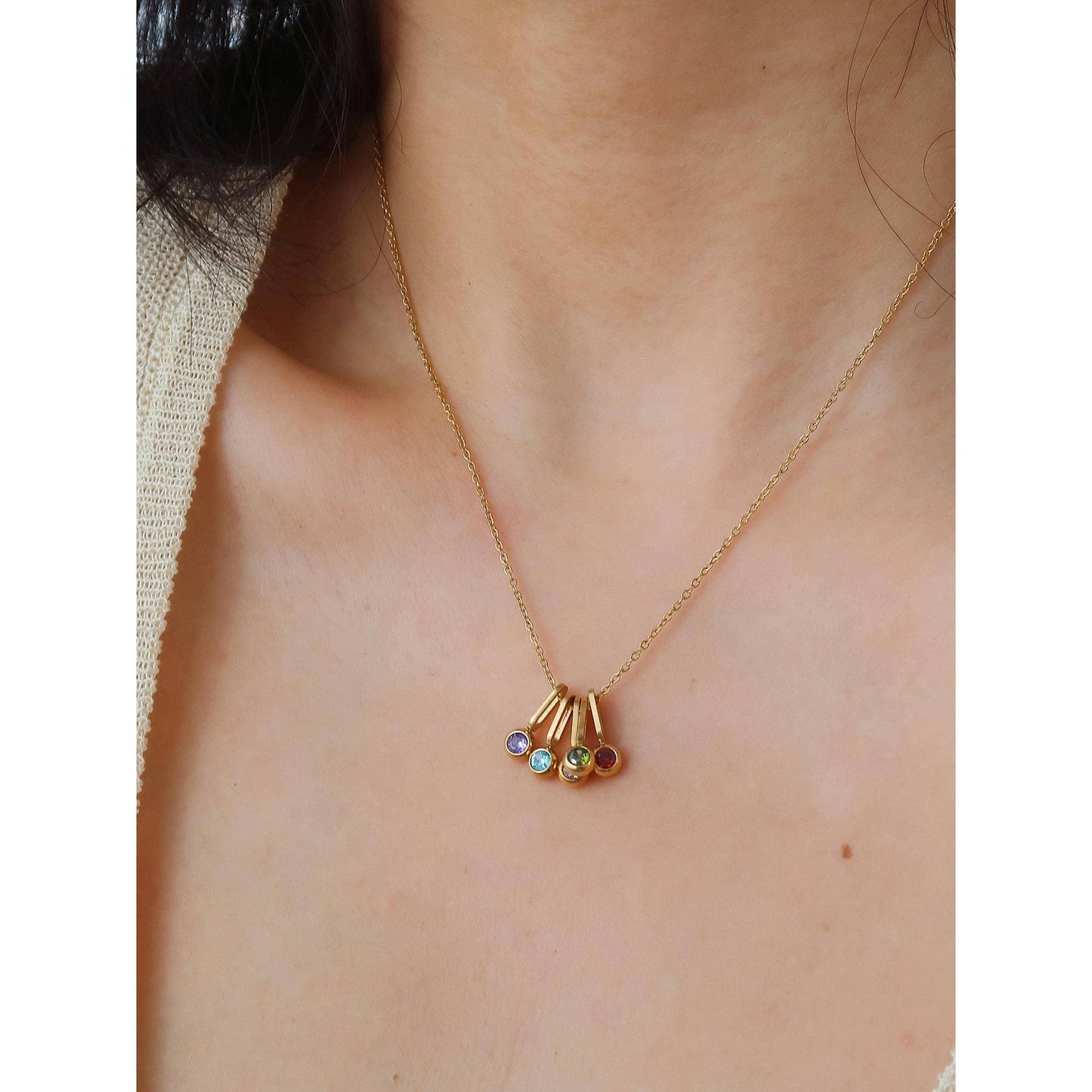 Reyna 18K Gold Non-Tarnish Five Stone Charm Necklace | Cubic Zirconia Gold Plated Stainless Steel, Hypoallergenic