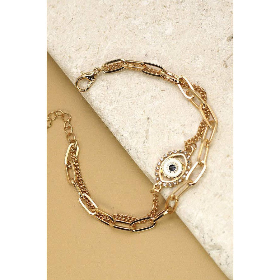 Rhinestone Epoxy Eye Chain Bracelet | Double Layer Gold Tone Jewelry