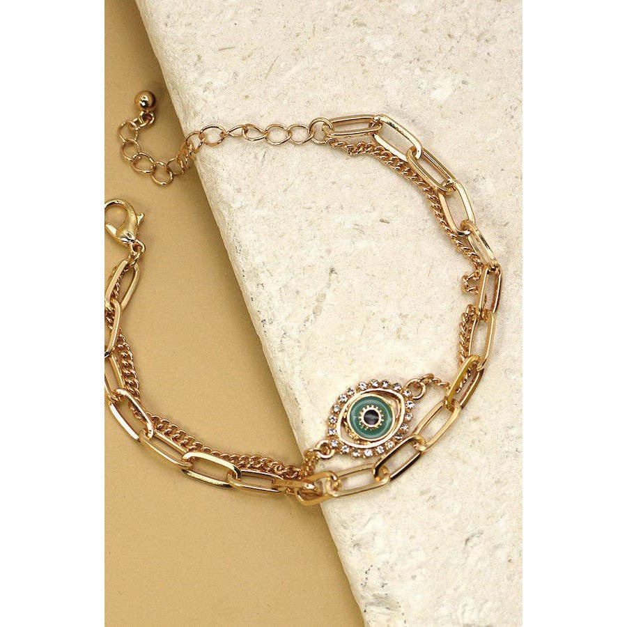 Rhinestone Epoxy Eye Chain Bracelet | Double Layer Gold Tone Jewelry