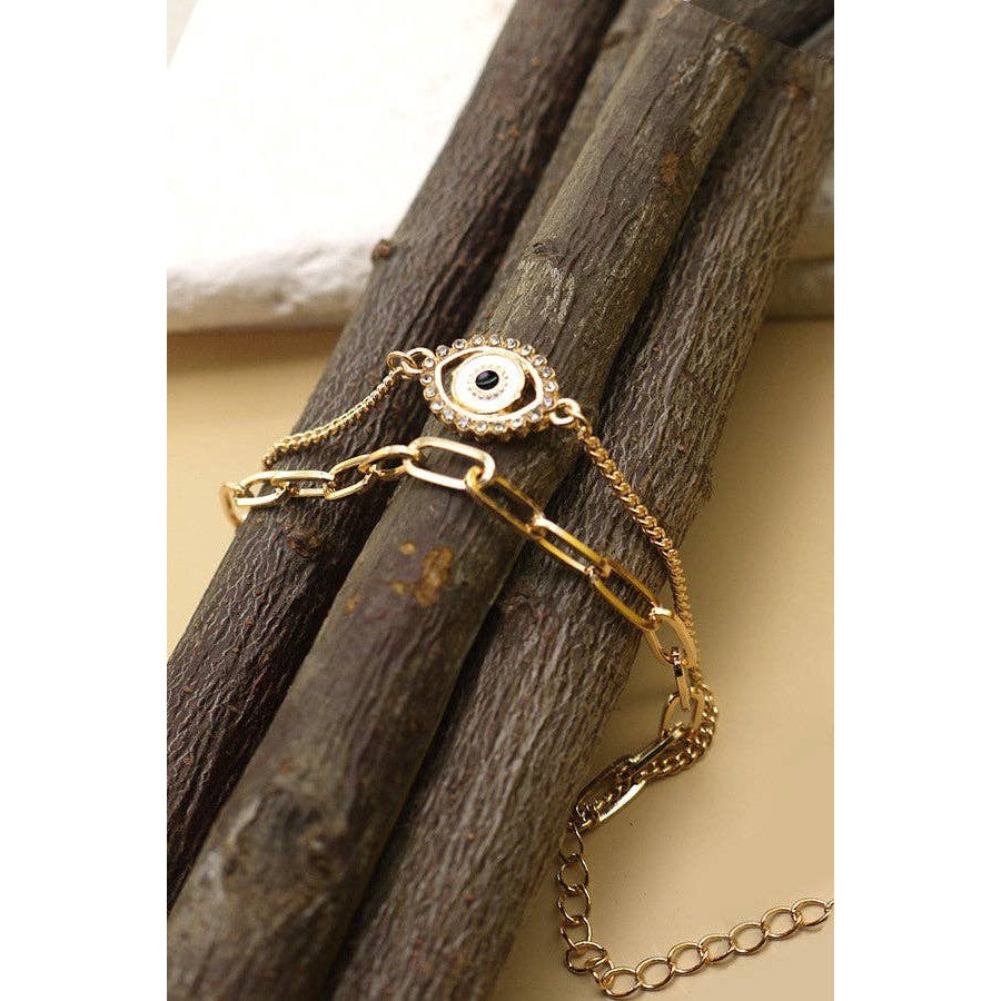 Rhinestone Epoxy Eye Chain Bracelet | Double Layer Gold Tone Jewelry