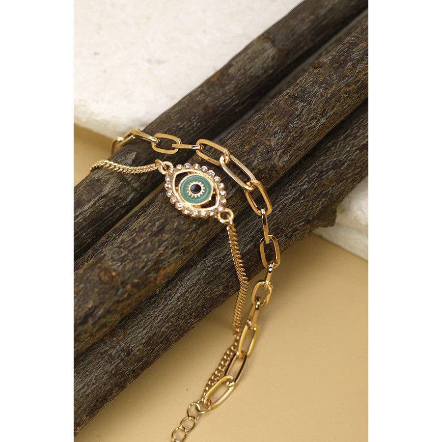 Rhinestone Epoxy Eye Chain Bracelet | Double Layer Gold Tone Jewelry