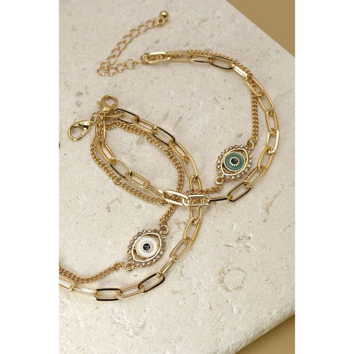 Rhinestone Epoxy Eye Chain Bracelet | Double Layer Gold Tone Jewelry