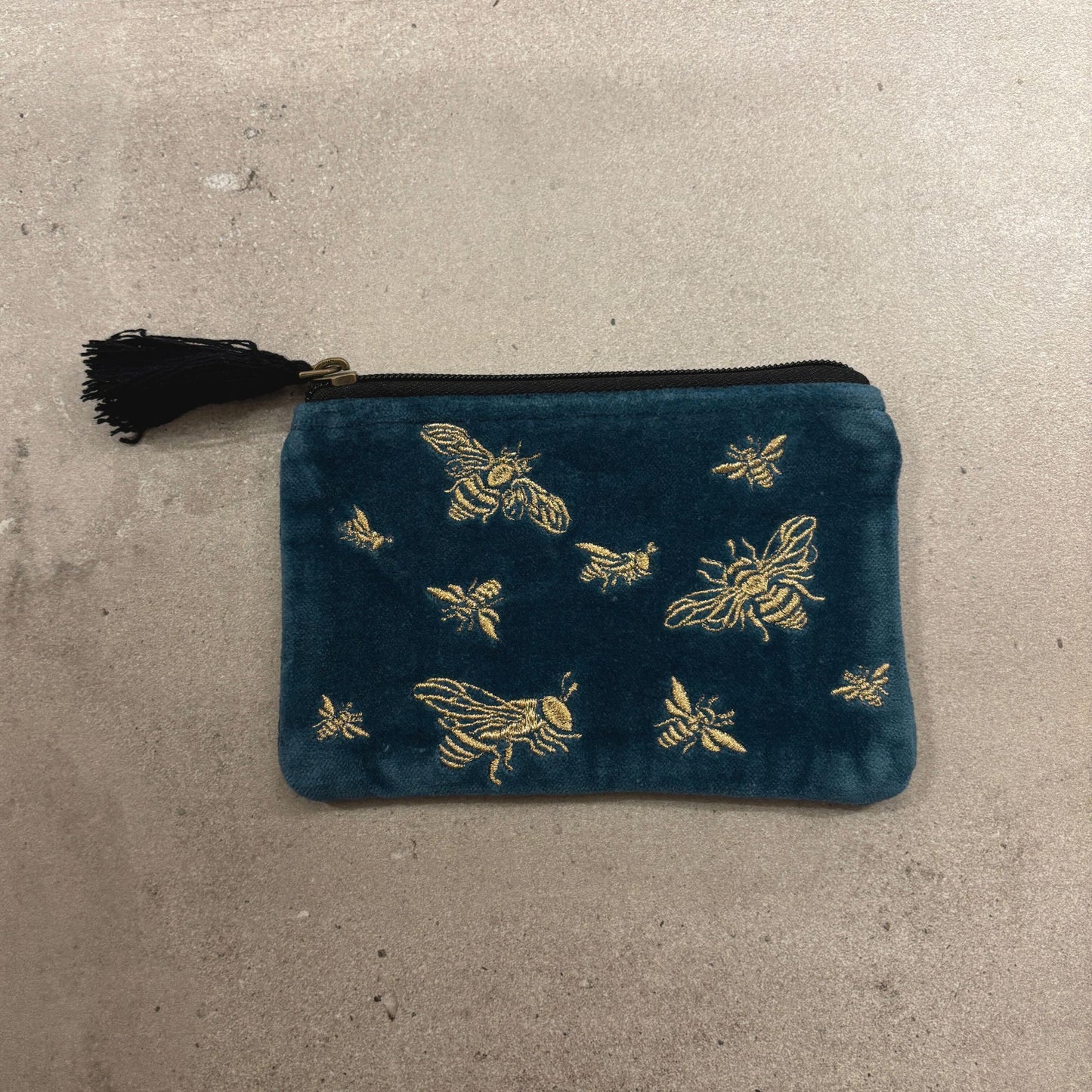 Rich Blue with Bees Velvet Coin Purse | Embroidered Design Zipper Wallet Pouch Organizer
