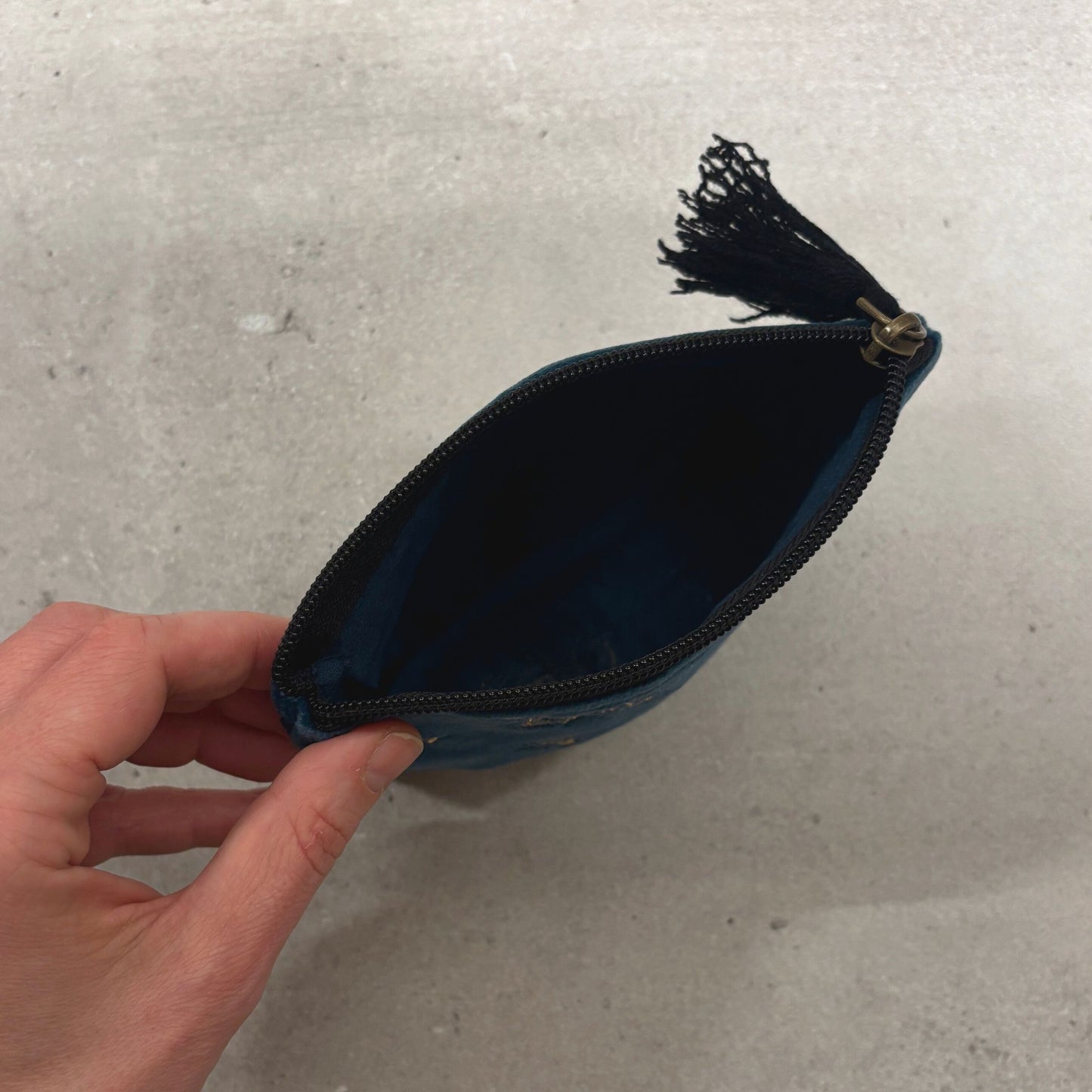 Rich Blue with Bees Velvet Coin Purse | Embroidered Design Zipper Wallet Pouch Organizer