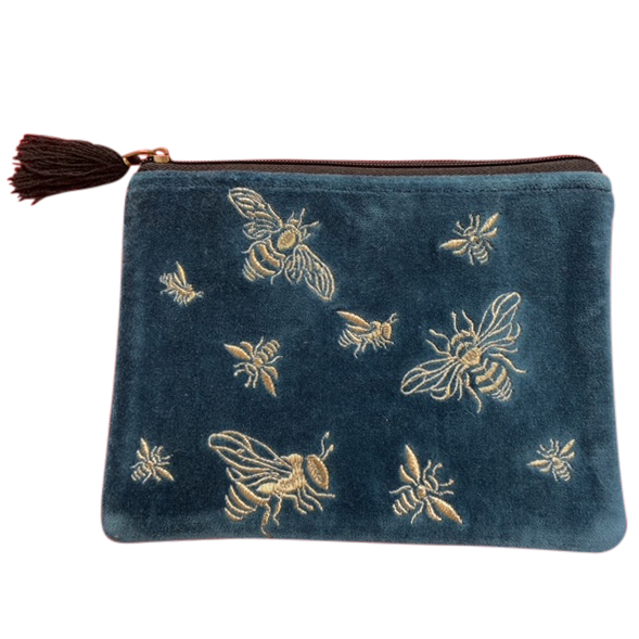 Rich Blue with Bees Velvet Coin Purse | Embroidered Design Zipper Wallet Pouch Organizer