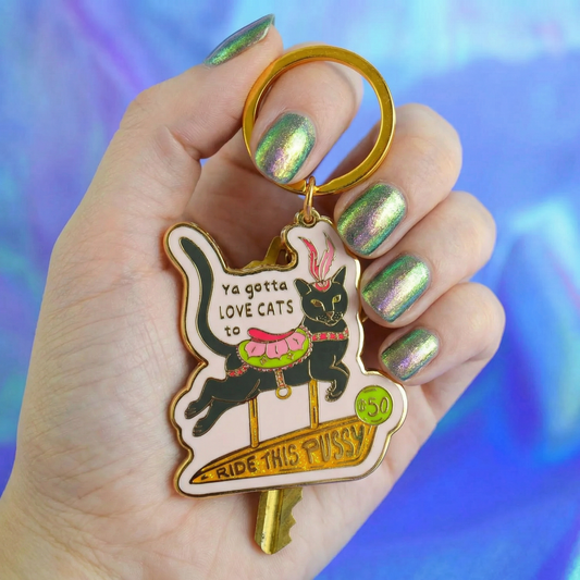 Ride This Pussy Enamel Keychain | LGBTQ Black Cat Gold Keyring | Cheeky Queer Gift
