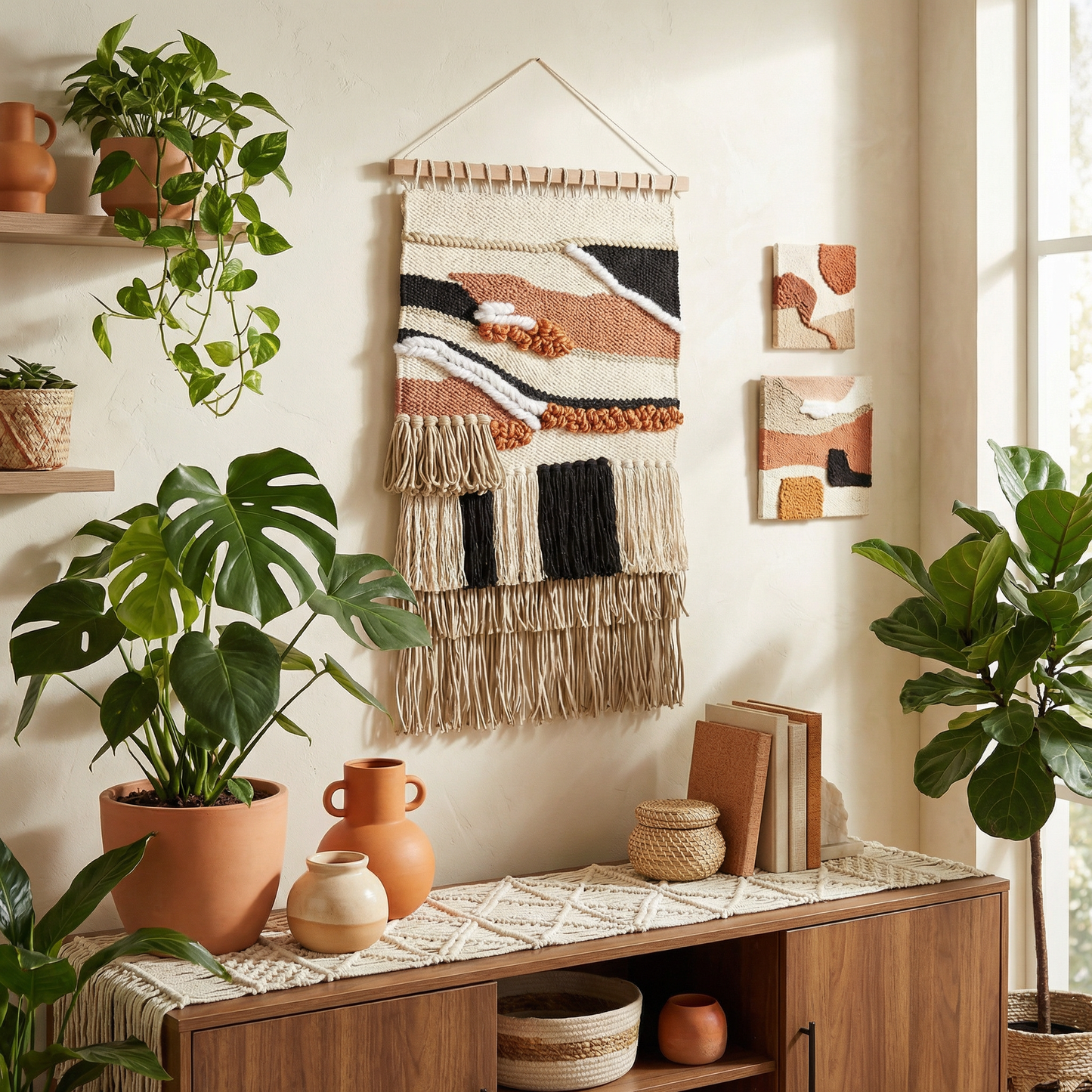 Riley Boho Woven Wall Hanging | Cotton Fringe Tapestry with Wooden Rod