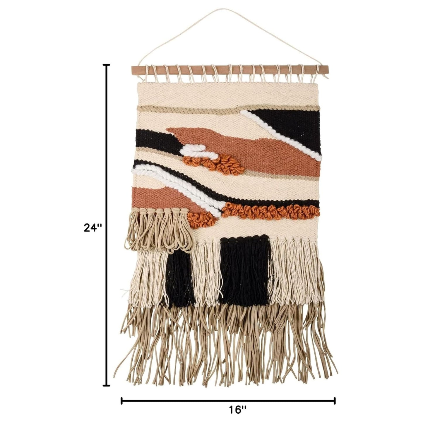 Riley Boho Woven Wall Hanging | Cotton Fringe Tapestry with Wooden Rod
