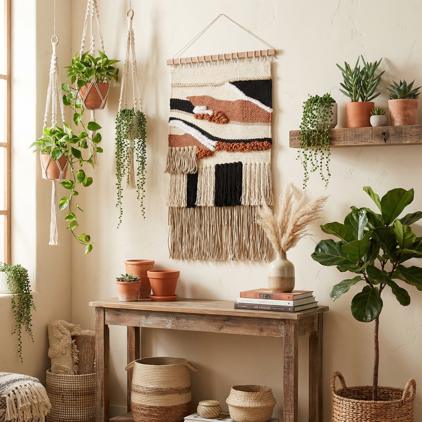 Riley Boho Woven Wall Hanging | Cotton Fringe Tapestry with Wooden Rod