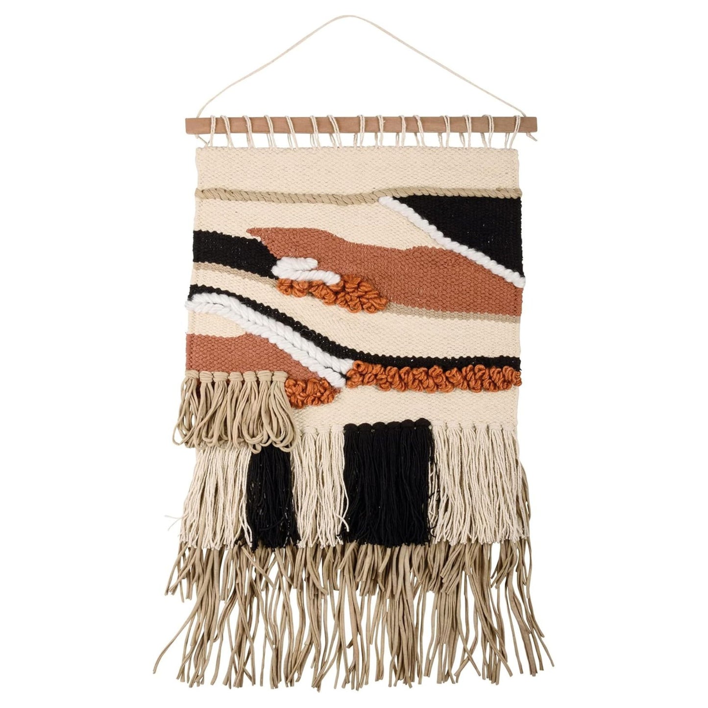 Riley Boho Woven Wall Hanging | Cotton Fringe Tapestry with Wooden Rod