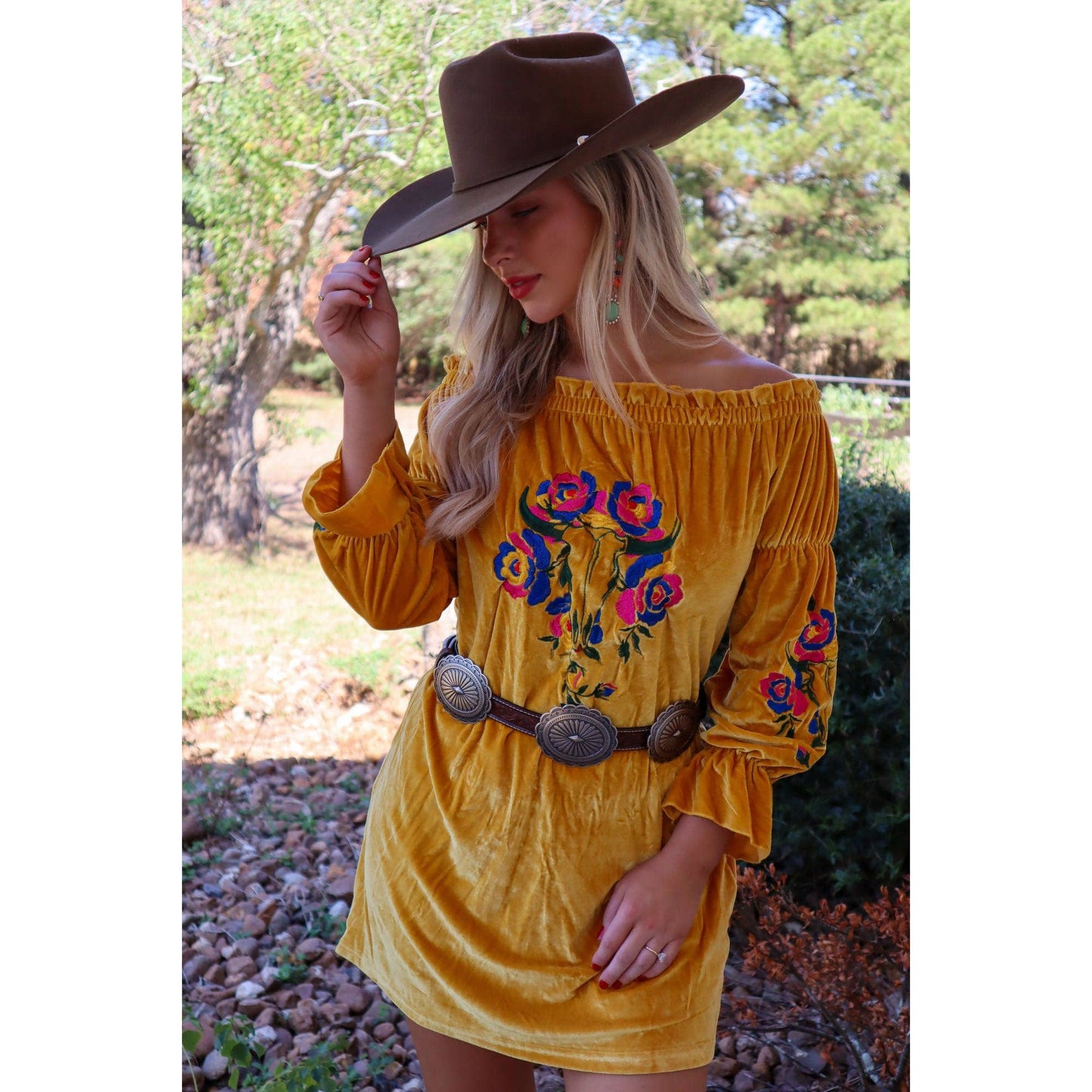 Rio Grande Embroidered Velvet Tunic Dress in Mustard | Off-shoulder Western Outfit [Available in 2XL-3XL]