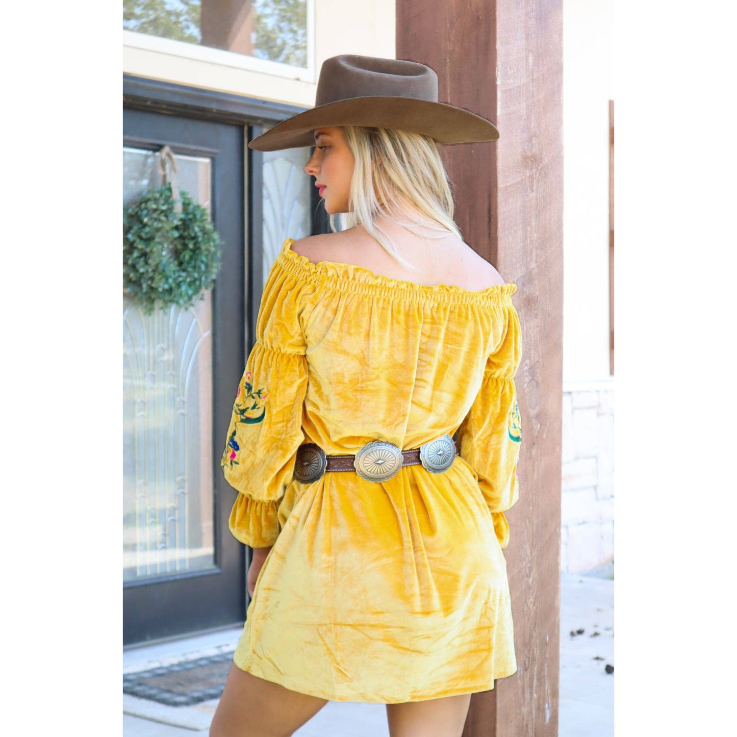 Rio Grande Embroidered Velvet Tunic Dress in Mustard | Off-shoulder Western Outfit [Available in 2XL-3XL]