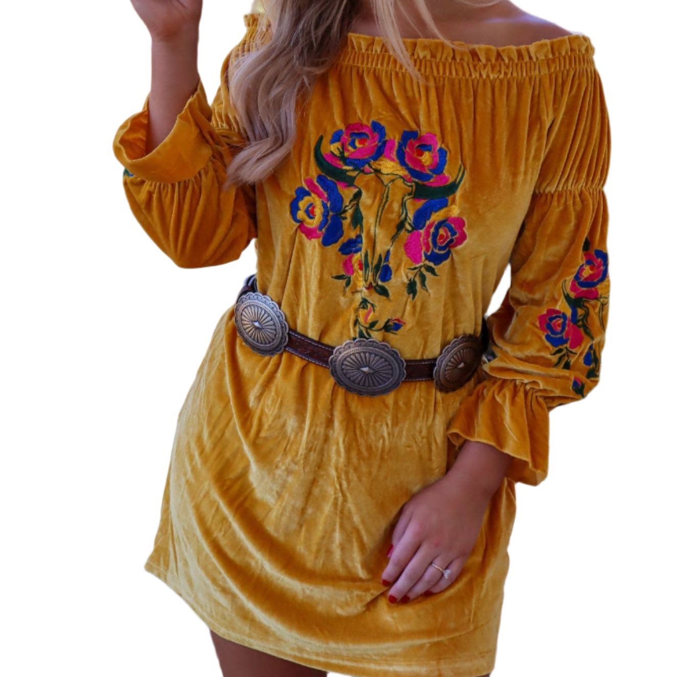 Rio Grande Embroidered Velvet Tunic Dress in Mustard | Off-shoulder Western Outfit [Available in 2XL-3XL]