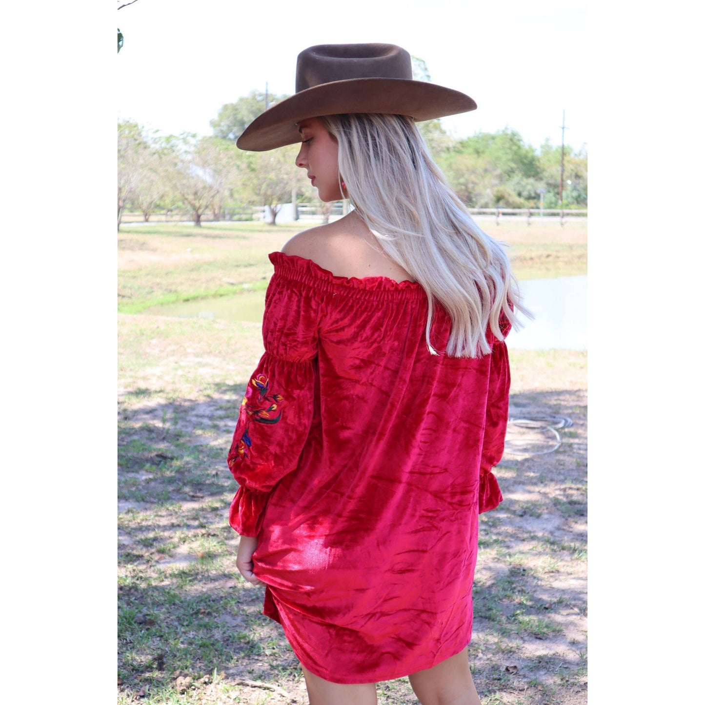 Rio Grande Embroidered Velvet Tunic Dress in Red | Off-shoulder Western Outfit [Available in SM, L and 2XL]