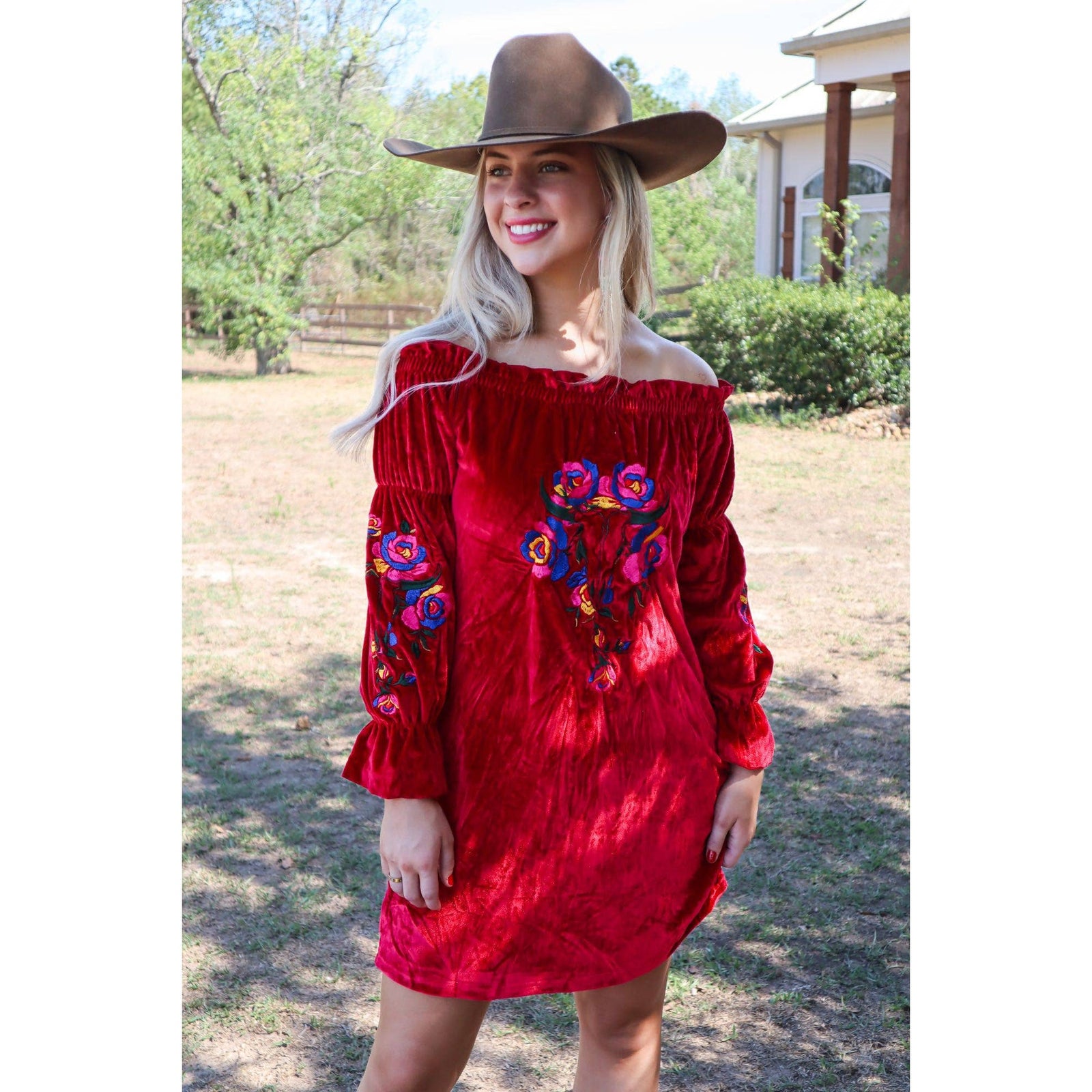 Rio Grande Embroidered Velvet Tunic Dress in Red | Off-shoulder Western Outfit [Available in SM, L and 2XL]