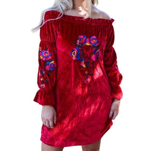 Rio Grande Embroidered Velvet Tunic Dress in Red | Off-shoulder Western Outfit [Available in SM, L and 2XL]